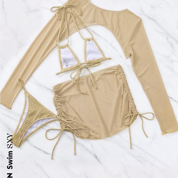Beige Bikini + Mesh Top Set - Picture 3 of 4